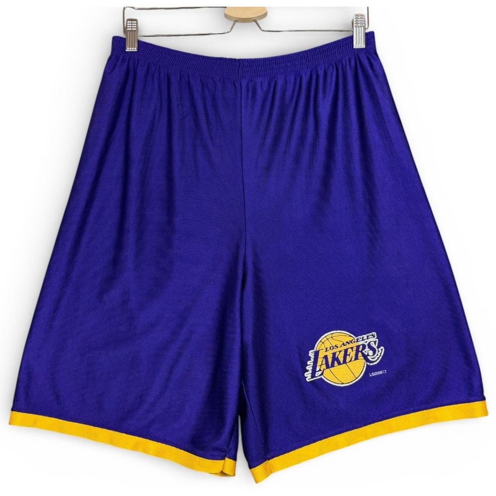 Vintage 90s Logo 7 Los‎ Angeles Lakers Basketball Shorts Mens L Purple Gold NBA